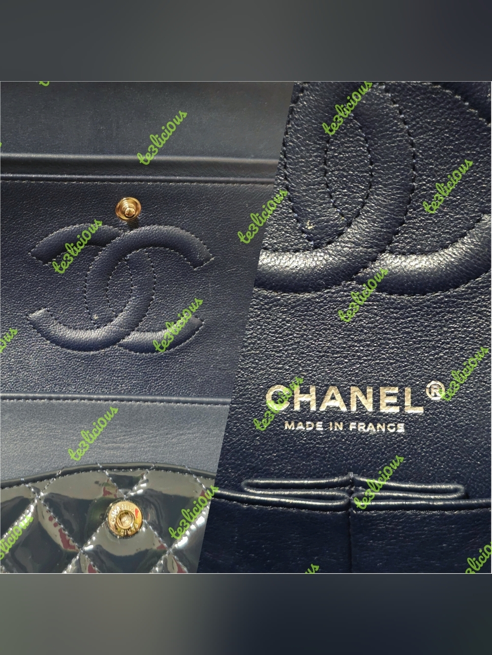 CHANEL 14b QUILTED PATENT LEATHER NAVY MEDIUM CLASSIC FLAP BAG *100% AUTHENTIC* - Picture 9 of 16